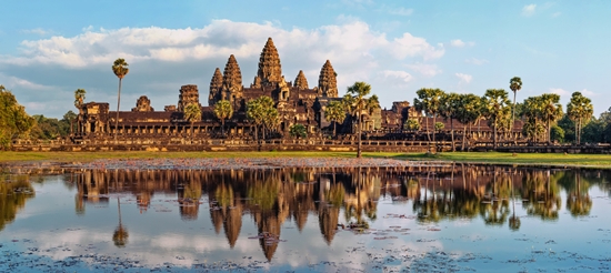 Ancient Khmer architecture. Panorama view of Angkor Wat temple a
